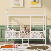 paproos Full Size Metal House Bed with Roof, New Upgraded Metal Platform Bed Frame with Headboard and Footboard, No Box Spring Needed, Full House Bed for Kids Boys Girls Toddler, Holds 350lbs, White
