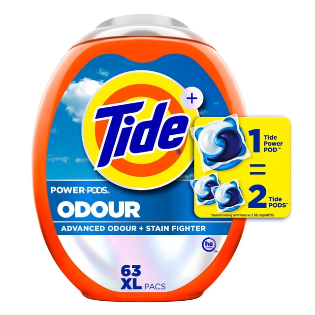 Tide Power Pods Odour laundry detergent container with 63 XL pacs, featuring advanced odour and stain fighting formula
