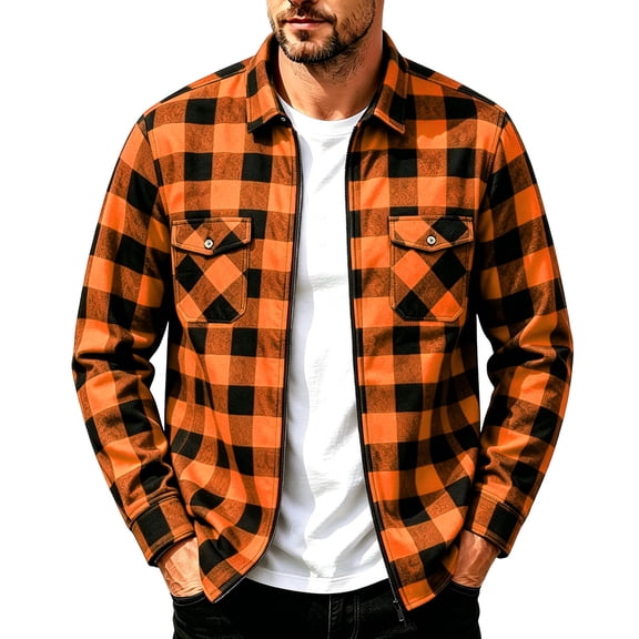 Plaid Shacket for Men Ghalytn Check Zip Shirt Jacket - Casual Outerwear with Pockets