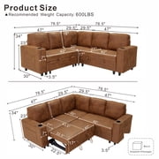 LLappuil 76 x 76 Sectional Sofa, Sectional Couch with Pull Out Sofa Bed Twin Size, 4 Seat Sofa Couch with Cup Holders & Side Pocket Convertible Sofa Bed for Living Room, Foil Fabric Brown