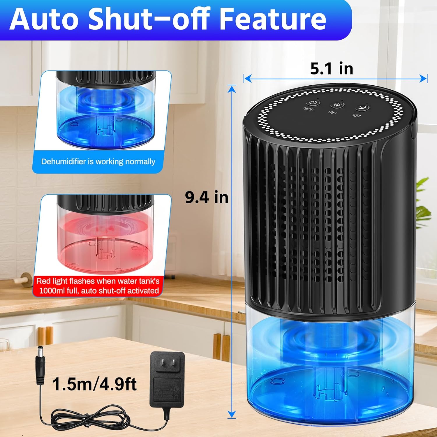 5.49-Pint Dehumidifier for Room Home,HopePow Automatic Defrosting Dehumidifier 1,000 Sq. ft Coverage Area Energy Efficiency 7 Colors Light Mini Dehumidifier for Room Bathroom,Basement,Bedroom,Black