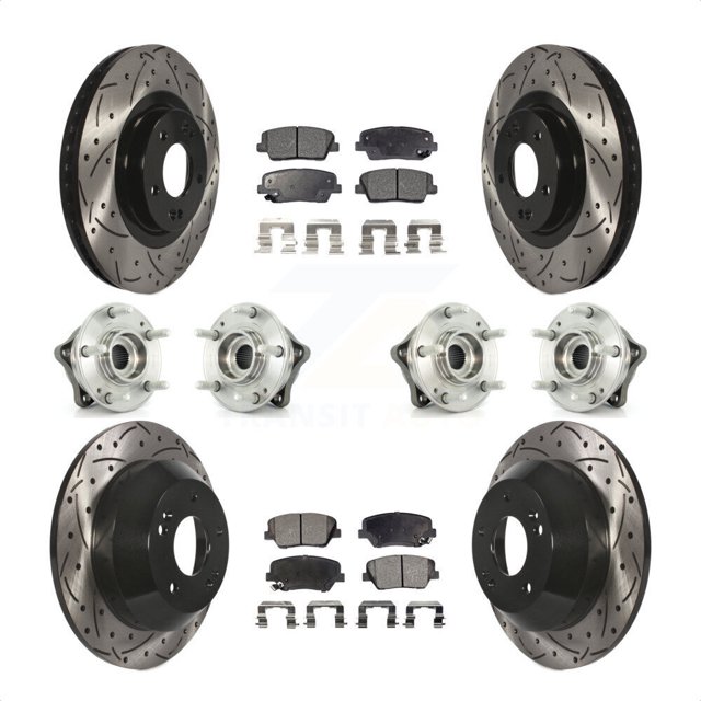 Transit Auto - Front Rear Hub Bearings Assembly Coated Disc Brake Rotors And Ceramic Pads Kit (10Pc) For 2013-2014 Hyundai Santa Fe Sport AWD with 2.4L 2.0L KBB-111338
