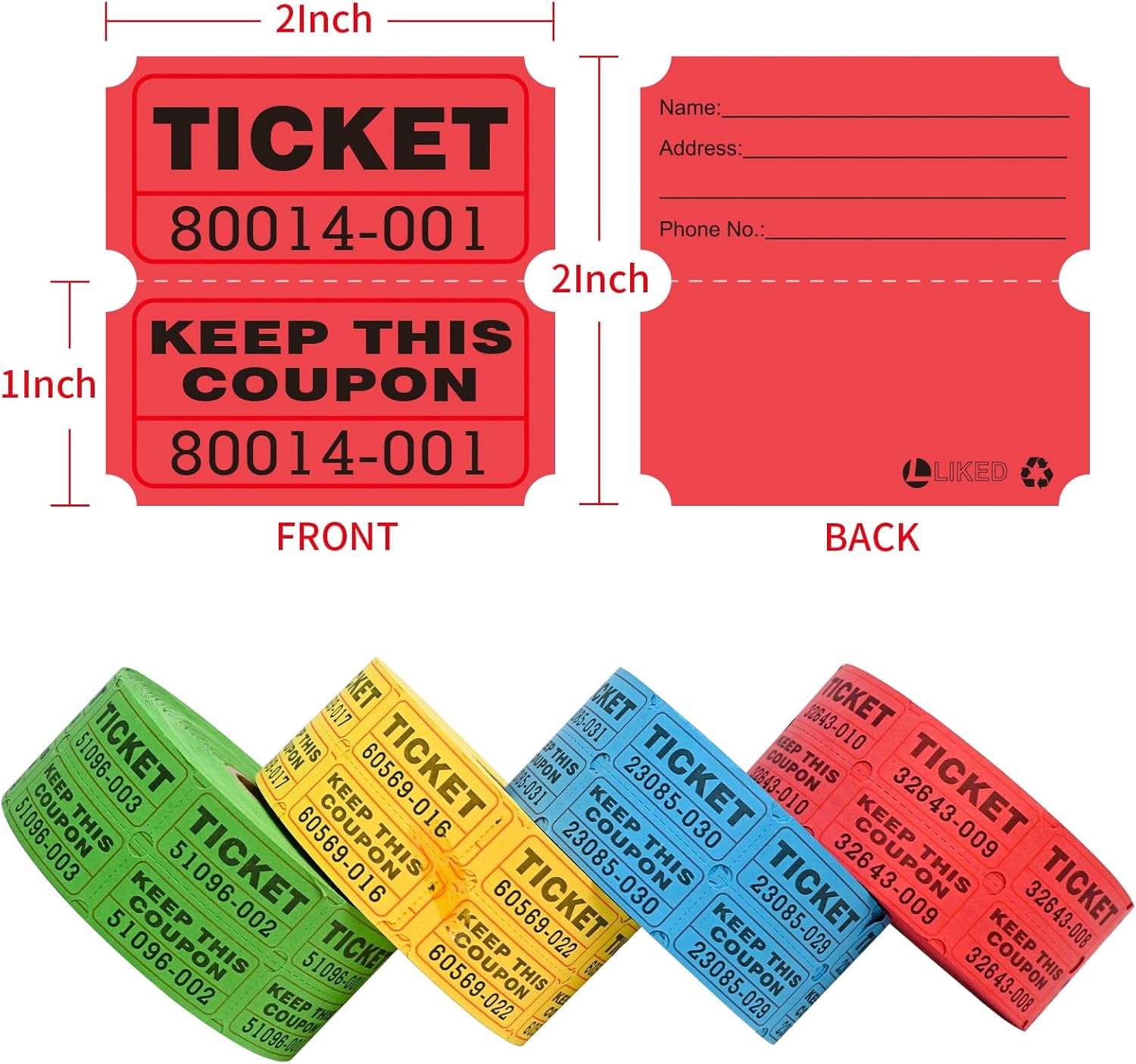 4000 Pairs Double Raffle Tickets - 4 Assorted Colors (Blue, Yellow, Red, Green), 1000 Tickets per Roll for Events, Fundraisers & Parties