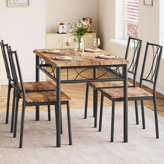 Dining Table Set for 4, Kitchen Table Set with 4 Chairs, Rectangular Dining Table Set for 4, Kitchen Table Set for Apartment, Small Space, Dining Room, Retro Brown