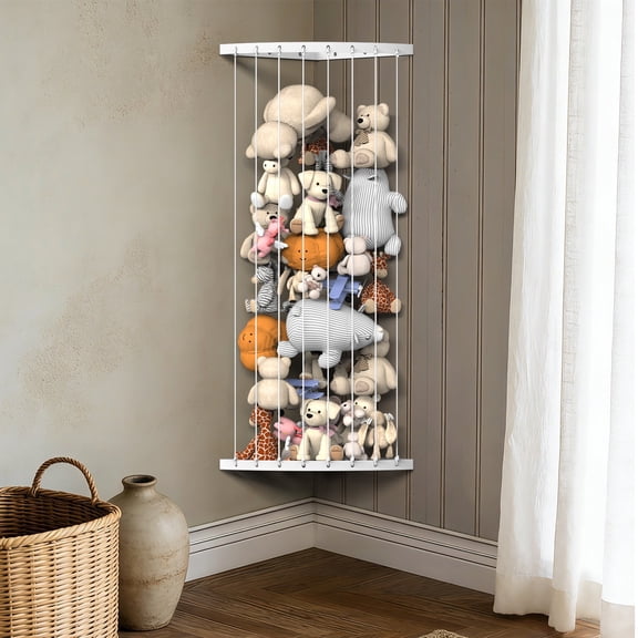 Corner Stuffed Animal Storage Organizer - Adjustable Wall-Mounted Plush Toy Holder for Kids Room