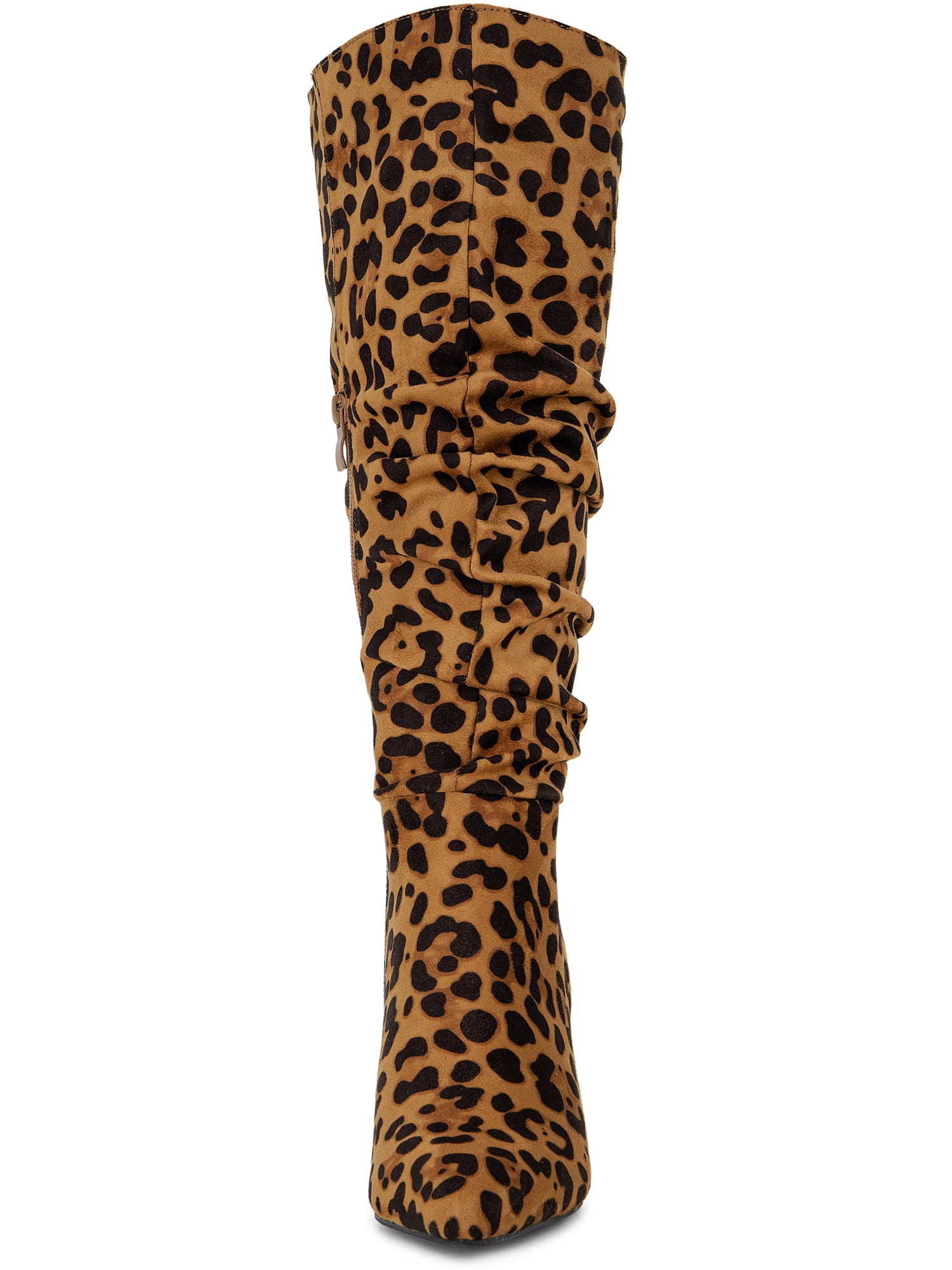 DARING DIVA Women's Pointed Toe Chunky Heel Knee High Boots Leopard 6.5