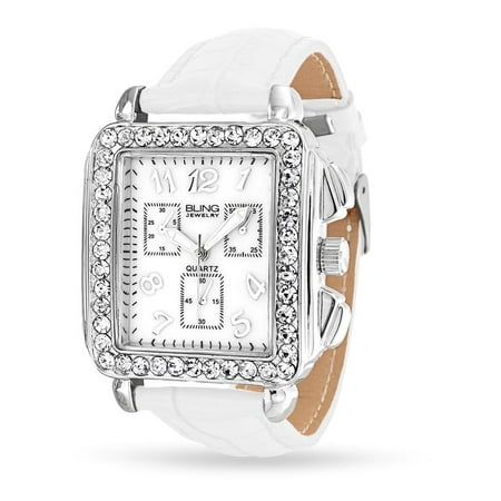 Citizen Crystal Wrist Watch - Deco Style White Crystal Square Dial Face Wrist Watch For Women Faux White Crocodile Leather Band Steel Back Quartz