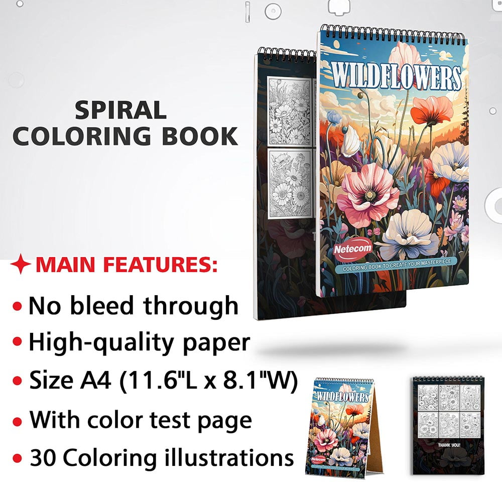 Netecom Wildflowers Coloring Book for Adults, Spiral Bound, Soft Cover