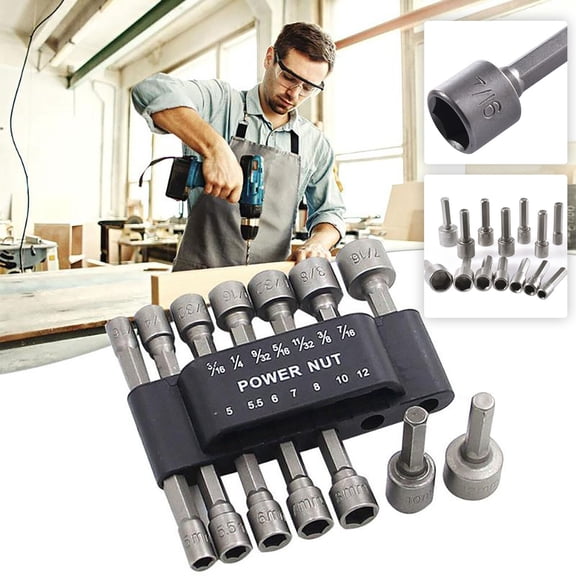 Teissuly 14Pcs Socket Wrench Power Nut Driver Set Dual Metric Standard Hexagon Handle Socket Screwdrivers Socket Bit Power Adapter