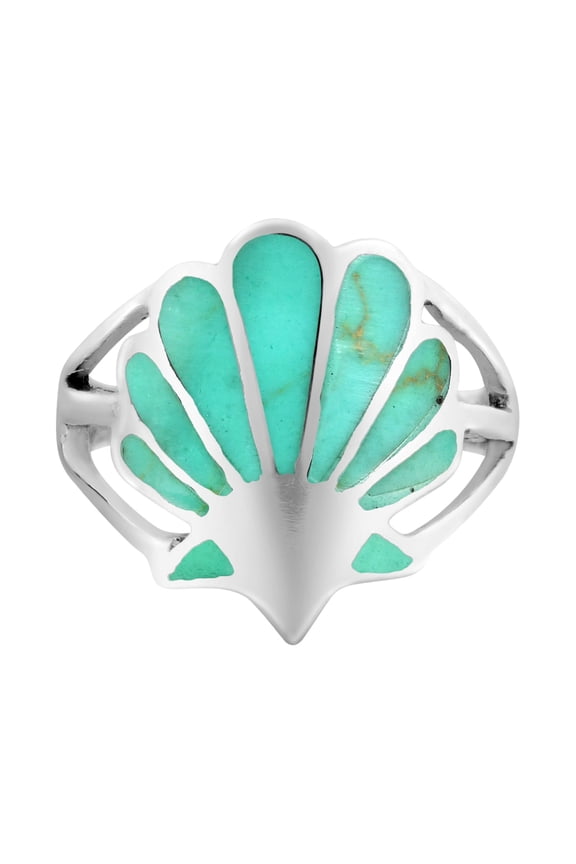 Majestic Ocean's Seashell Motif Green Turquoise Inlay Sterling Silver Ring-8