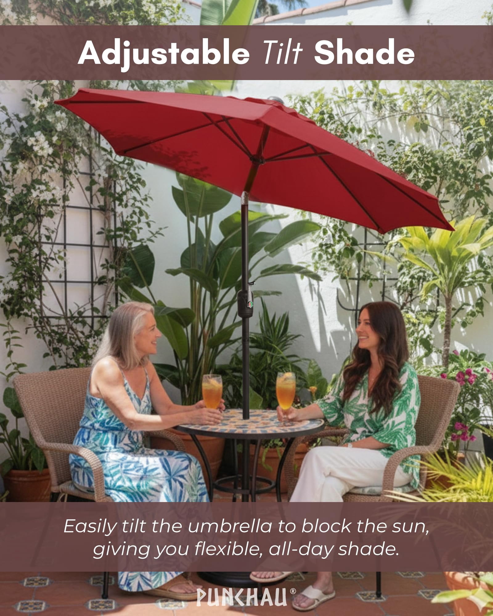 Punchau 6 Ft Outdoor Patio Umbrella, Easy Open/Close Crank and Push Button Tilt Adjustment - Wine Red Burgundy Market Umbrellas
