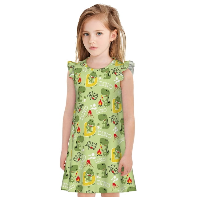 Balery Cute Dinosaurs Cartoon Camisón de princesa para niñas, pijama de algodón con mangas abullonadas, suave y bonito.-Medium