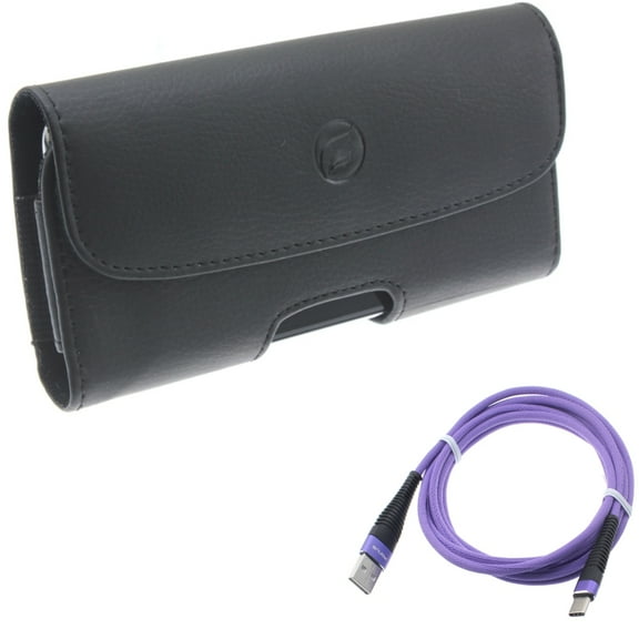 Purple 6ft USB Cable w Leather Case Belt Clip for Samsung Galaxy A53 5G,A33 5G Phones - Type-C Charger Cord Power Wire, Holster Cover Loops Pouch