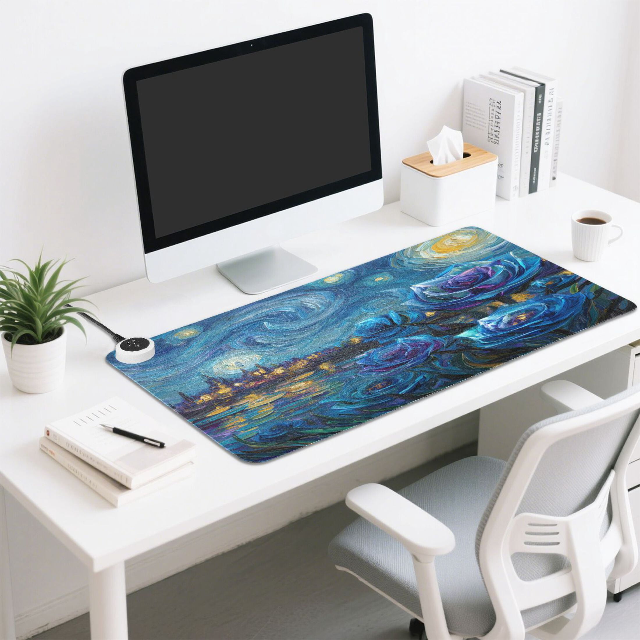 Large Heated Desk Mat Mouse Pad 31.5"x13"PU Leather Graphene Heating Desk Warmer with 3 Temperature Settings 110V US Plug Non-Slip Warm Pad for Home, Office, and Gaming Starry Night Blue Roses