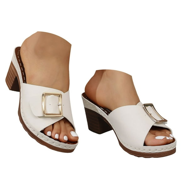 Dakaela Leather Slide Sandals for Women Chunky Heel Dressy Shoes Casual Wedding Party Pumps White 9