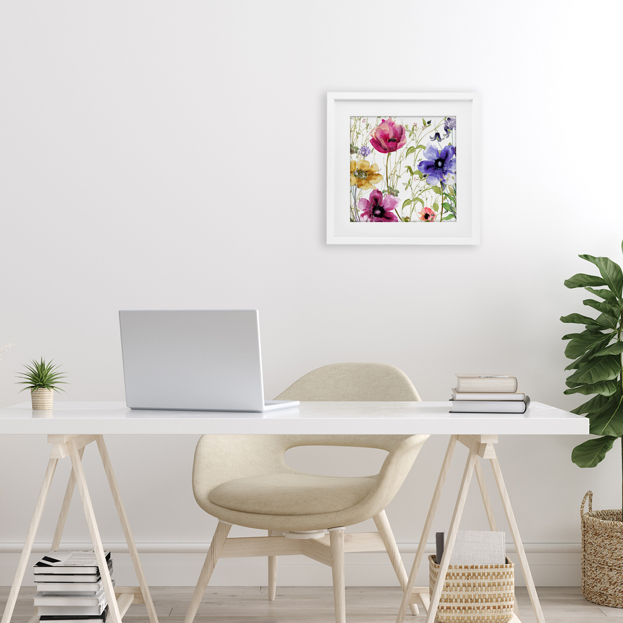 Botanical Spring Garden Blooms White Framed Print Under Glass, design by Sasha