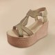 thumbnail image 2 of Bmisegm Ladies Summer Casual Solid Colour Rhinestone Bow Hollow Out Thick Bottom Large Size Slope Heel Sandals Sandals Women Summer Khaki 7.5, 2 of 3