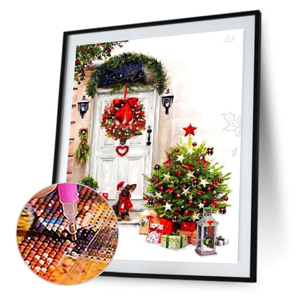 Cuadros Decorativos 5D DIY Diamante Dibujo Árbol de Navidad Kits para colgar en la puerta Taladro redondo completo (B5027) Likrtyny embutido en tela