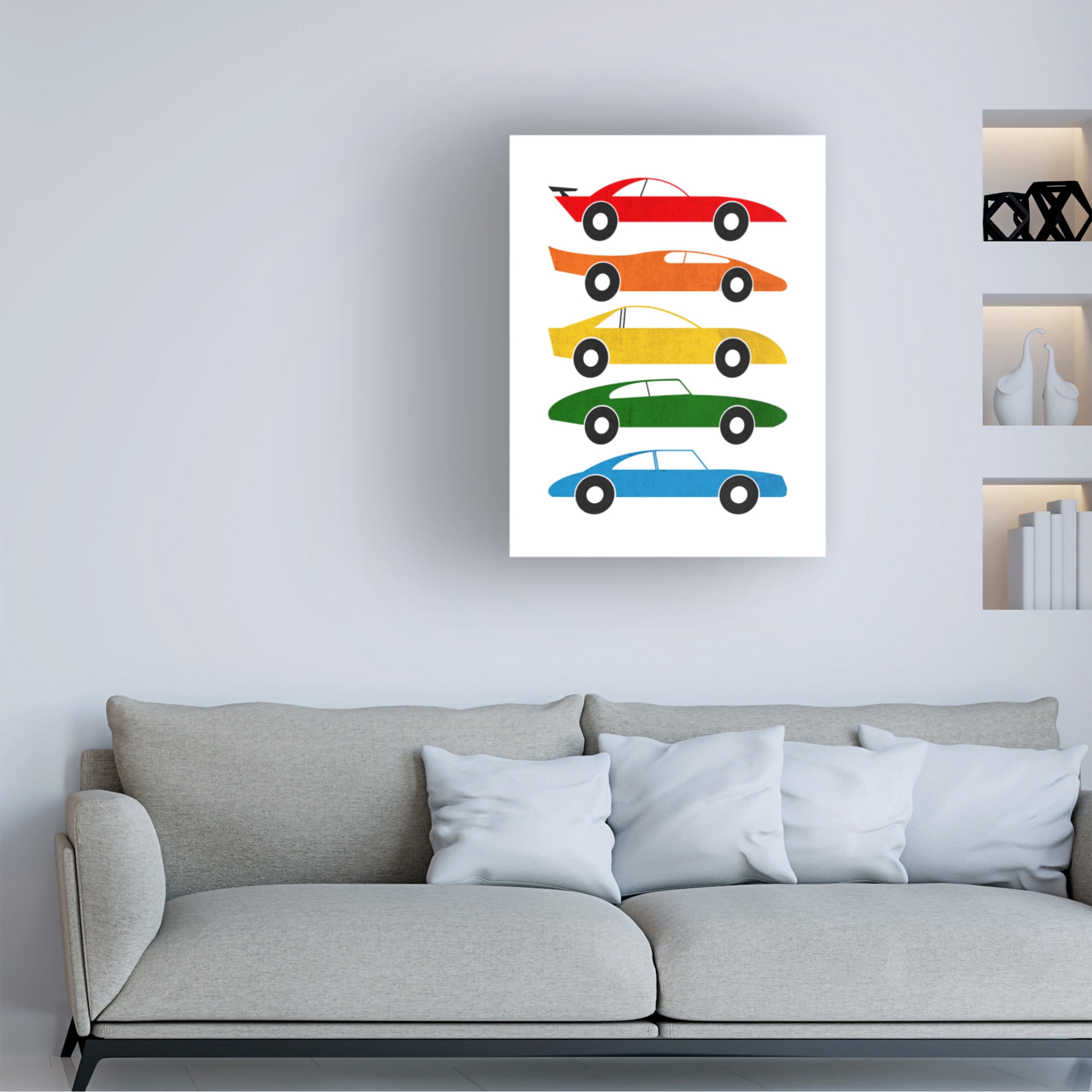 Canvas Wall Art - Tom Quartermaine 'Colorful Mid Century Cars on White' Wall Art for Living Room, Bedroom, or Office Décor by Trademark Fine Art - 35 x 47 Inches
