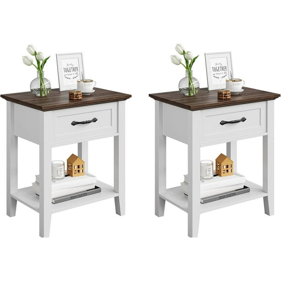 Nightstands Set of 2, End Table with Drawer, Side Table for Spaces, 2 Tiers Storage Shelves with Dresser, Bedside Table for Living Room, Bedroom, Dorm (2pcs-White)