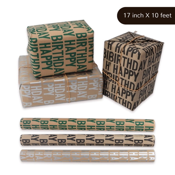 Tripumer 3 Rolls Birthday Kraft Wrapping Paper with Black Green Silver Letter Patterns 17 inch X 10 feet for Birthday Celebration Party