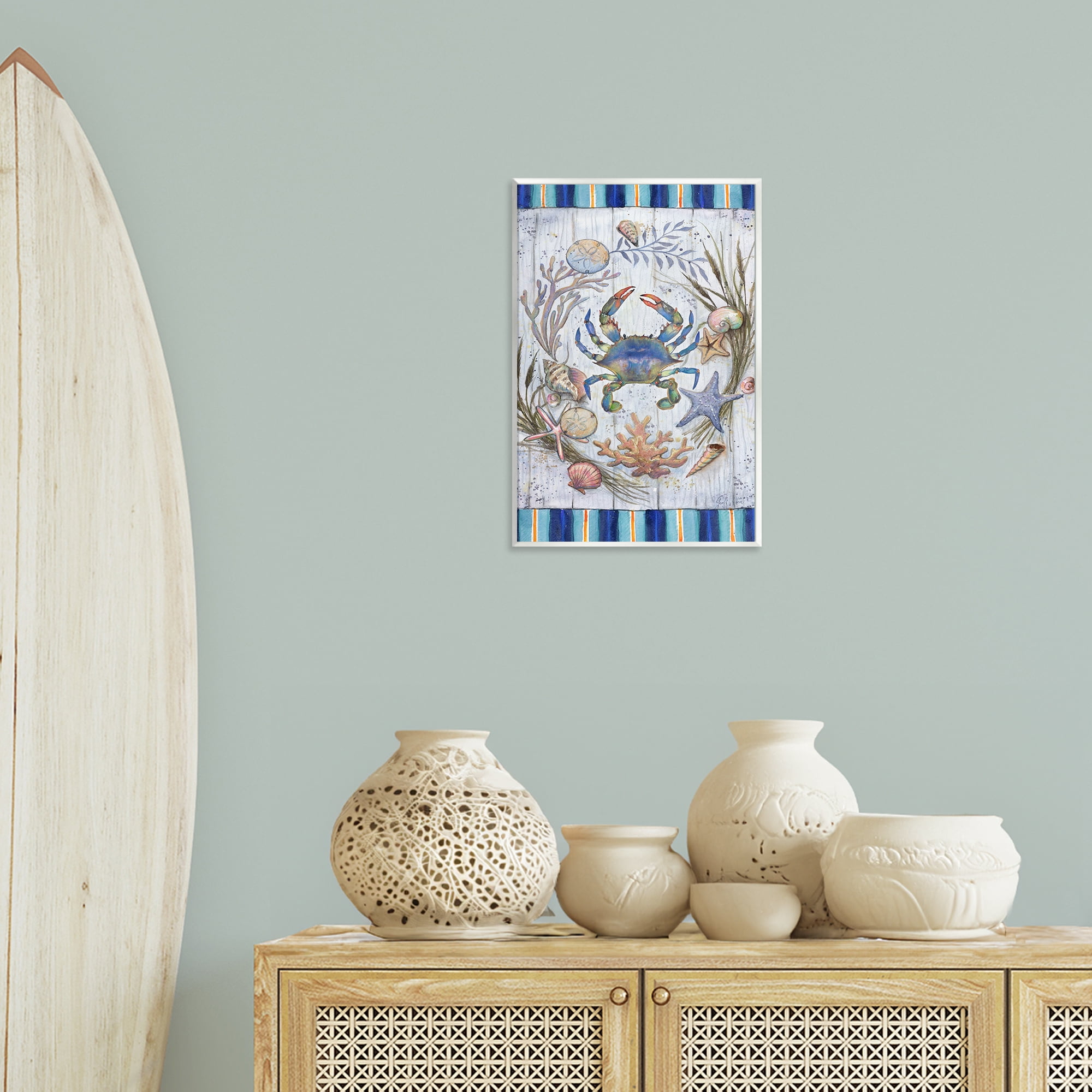Stupell Industries Coastal Wreath & Crab Nautical & Beach Painting Unframed Art Print Wall Art, 13 x 19