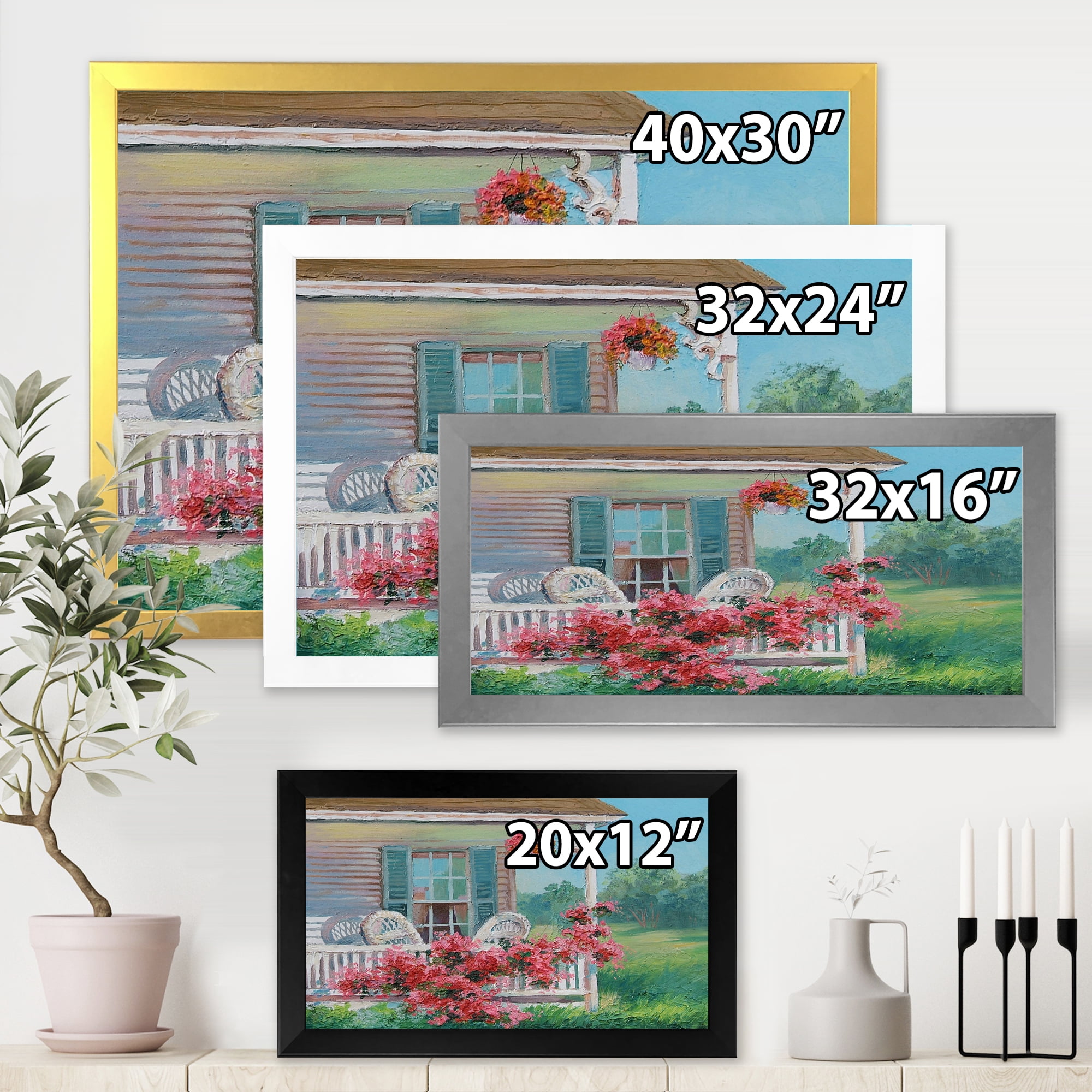 Designart 'Patio & Blossiming Red Flowers With Wooden House' Traditional Framed Art Print