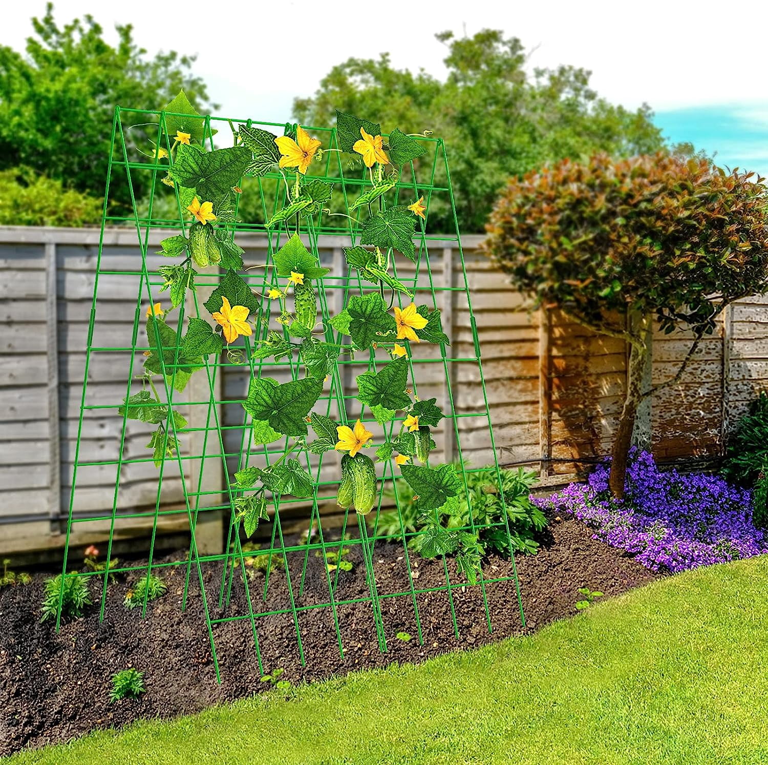 Cucumber Trellis, 59" High 2 Pack Foldable A Frame Trellis for Raised Bed Climbing Plants, Vegetables, Includes Plant Support Clips, Twist Ties, Plastic Ties- Made from PVC-Coated Steel
