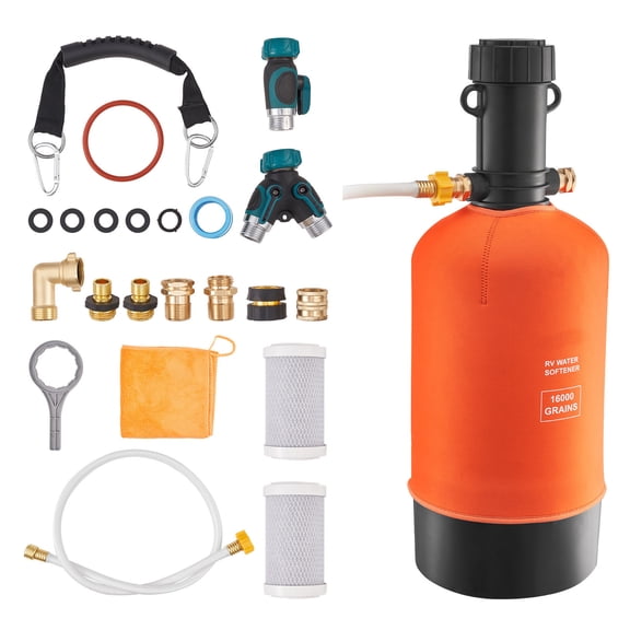 KFFKFF Portable RV Water Softener, 16,000 Grain Capacity, Compact Water Treatment System with Filter, 3/4" NPT Fittings, Food-Grade Resin, Quick Connect Design, Ideal for RVs, Trailers, Boats