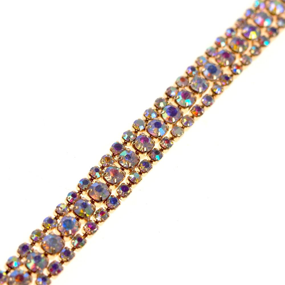 Aurora Borealis AB Crystal Rhinestone Three Row Trim, Iridescent Gold, 8mm, 1Yard