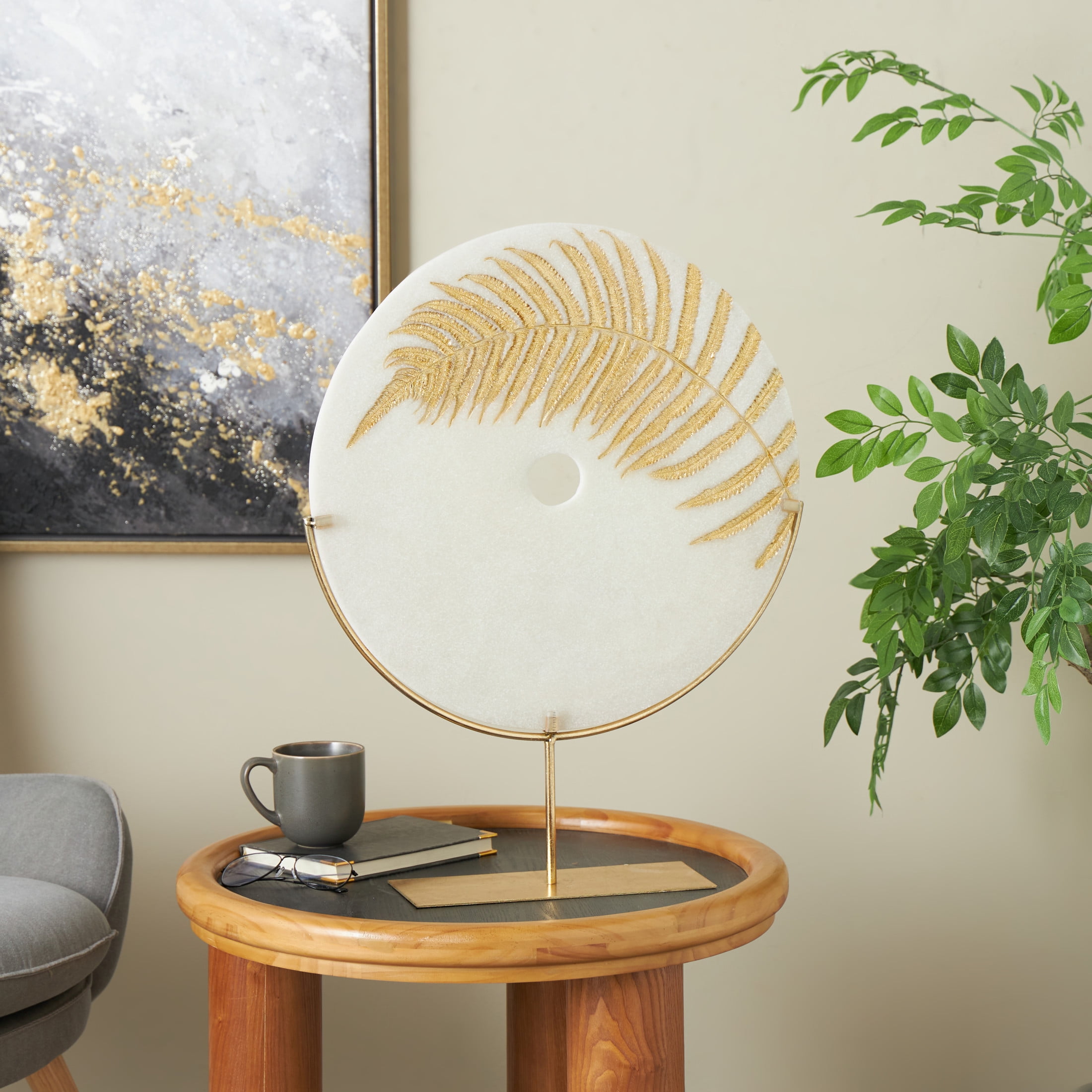 20" x 25" White Polystone Cutout Round Disk Leaf Sculpture with Gold Stand, by DecMode