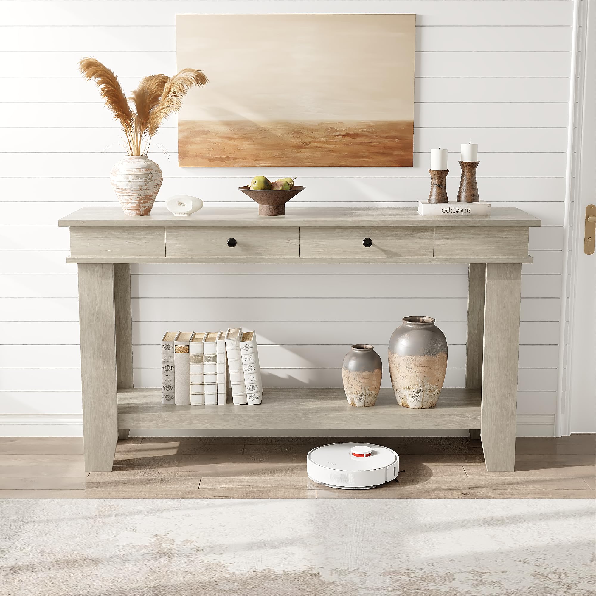 Roromall 54" Wood Console Table with 2 Drawers & Lower Shelf, Farmhouse Sofa Table for Entryway, Hallway, Living Room, Behind Couch