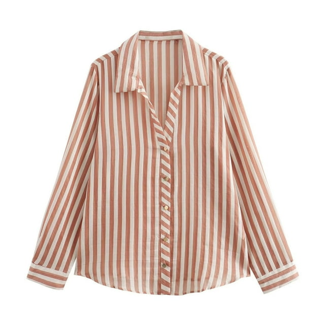 T-shirts pour Femmes Mode, Chemise Boutonnée, Mode Décontractée à Rayures, Haut à Manches Longues à Col Rabattu