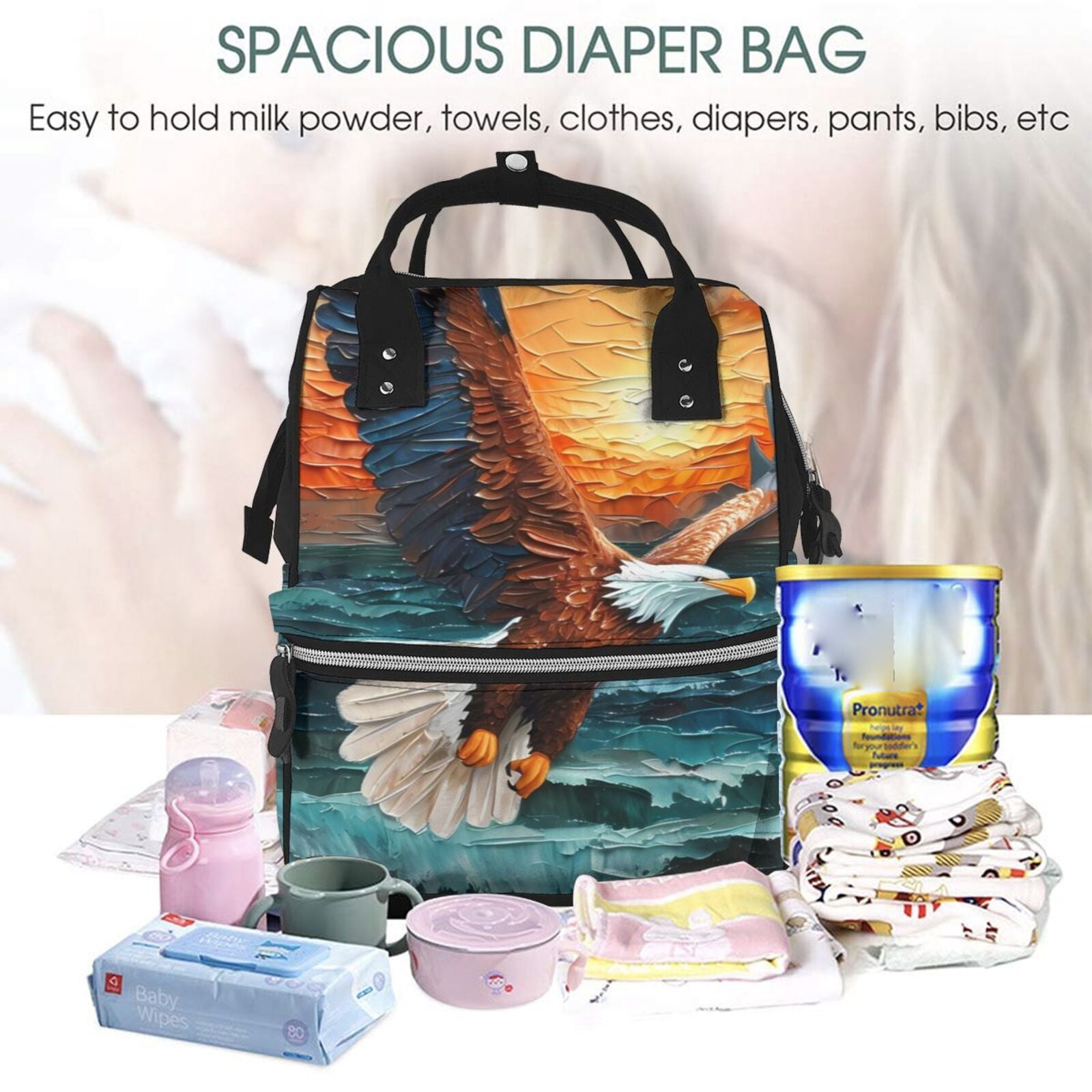 Ratiio Textured Bald Eagle Mummy Backpack - Waterproof Twill Canvas, Large Capacity Diaper Bag with Multiple Pockets and Adjustable Straps