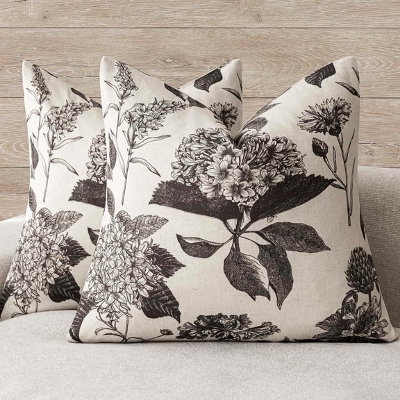 COOKCOK Set of 2 Vintage Floral Throw Pillow Covers, 18" x 18" Neutral Block Print Decorative Cushion Covers, Double-Sided Boho Farmhouse Decor for Sofa Couch Bed, Black