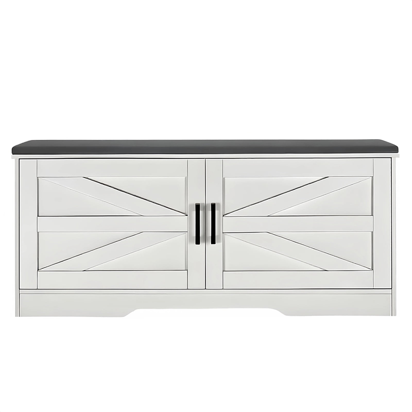 PORKISS Shoe Storage Bench with Cushion and Barn Doors for Entryway, Bedroom, Shoe Rack Bench with 2 Adjustable Shelves, White B