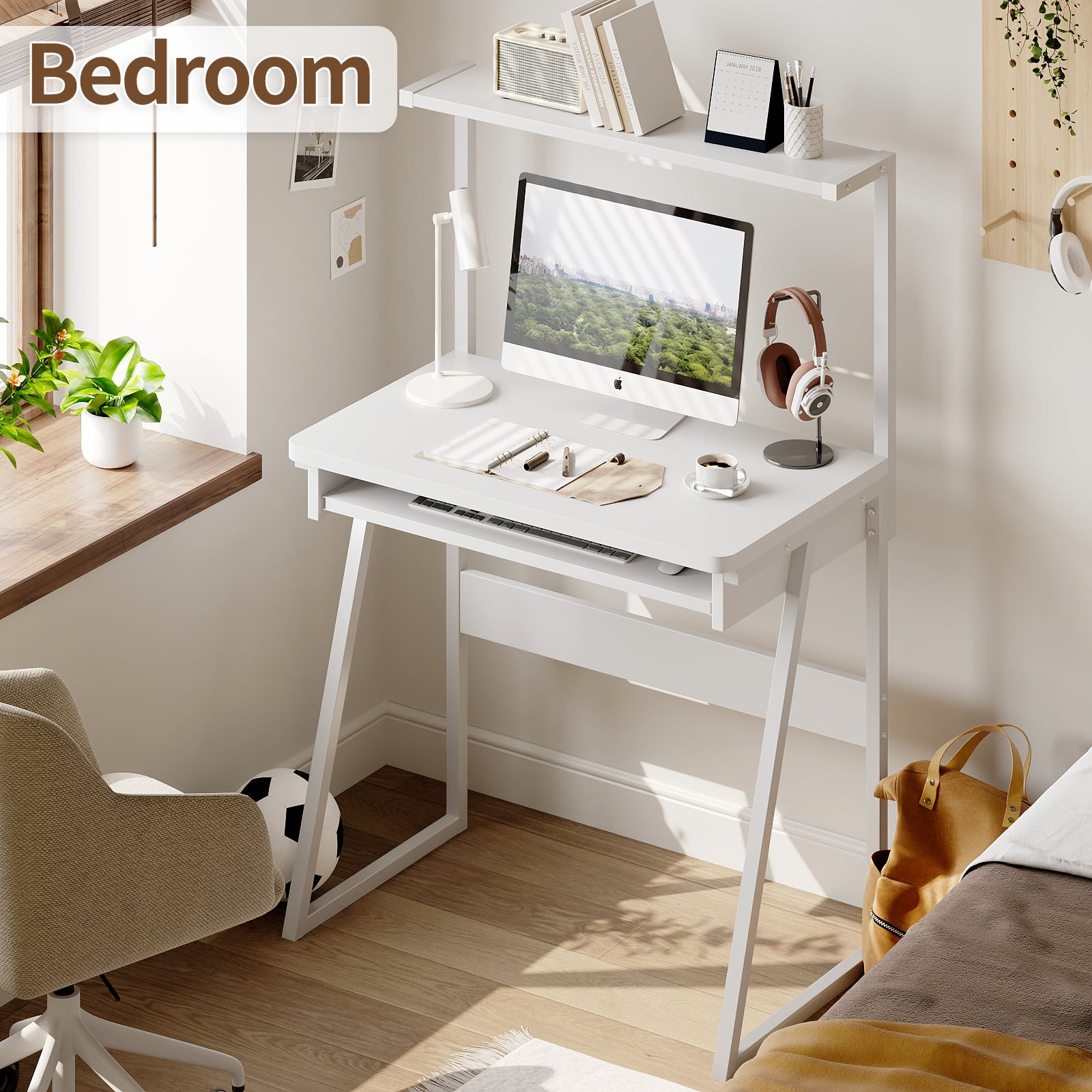 MIN EN WIN 2 Tiers Small Computer Desk for Small Space, Compact Laptop Table Workstation with Keyboard Tray, Study PC Table for Home Office, White