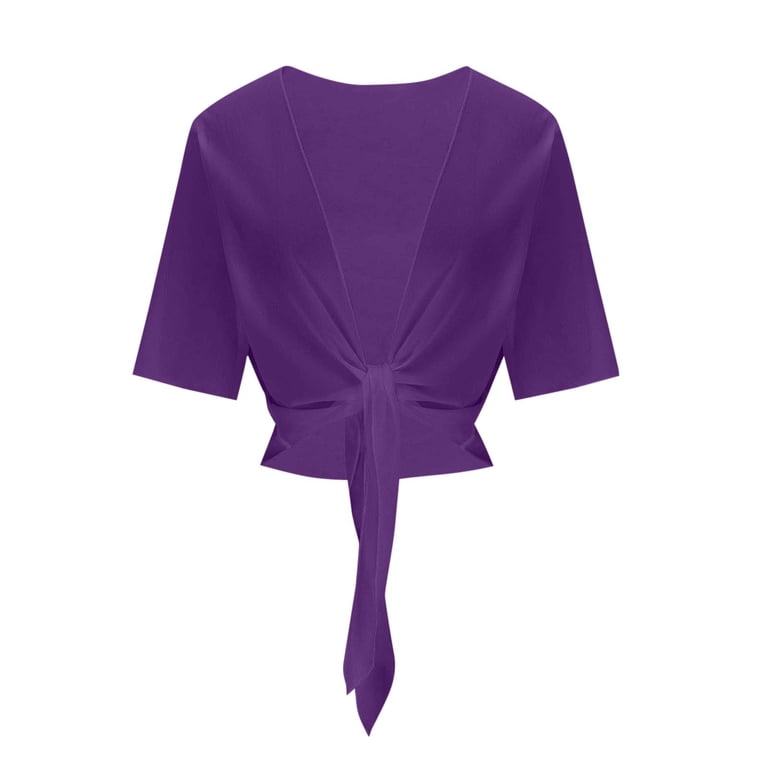 Htigea Womens Cropped Cardigan Casual Short Sleeve Blouses Solid Color Tie  Front Cardigans Chiffon Tops Purple,M