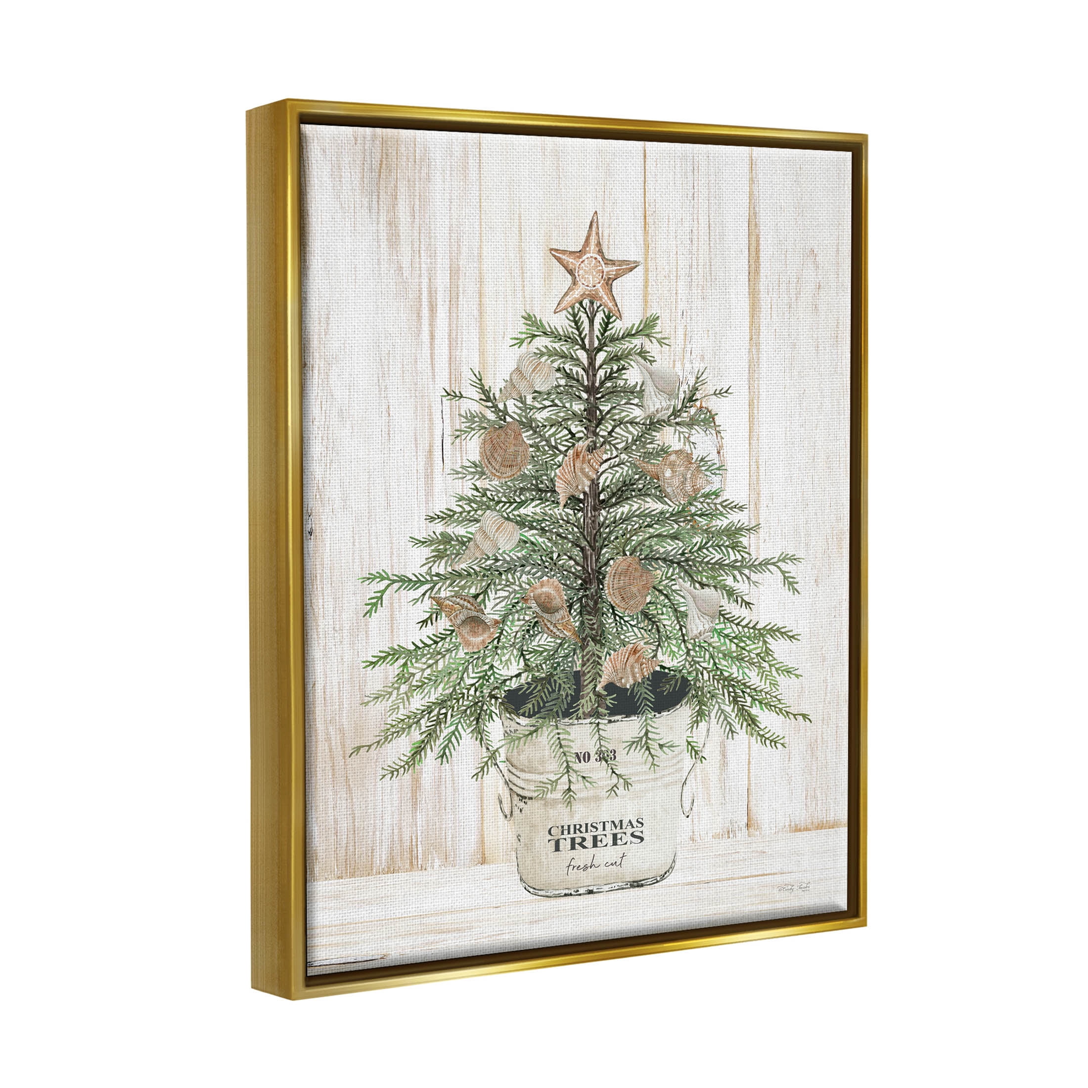 Rustic Seashell Christmas Tree Holiday Graphic Art Metallic Gold Framed Art Print Wall Art
