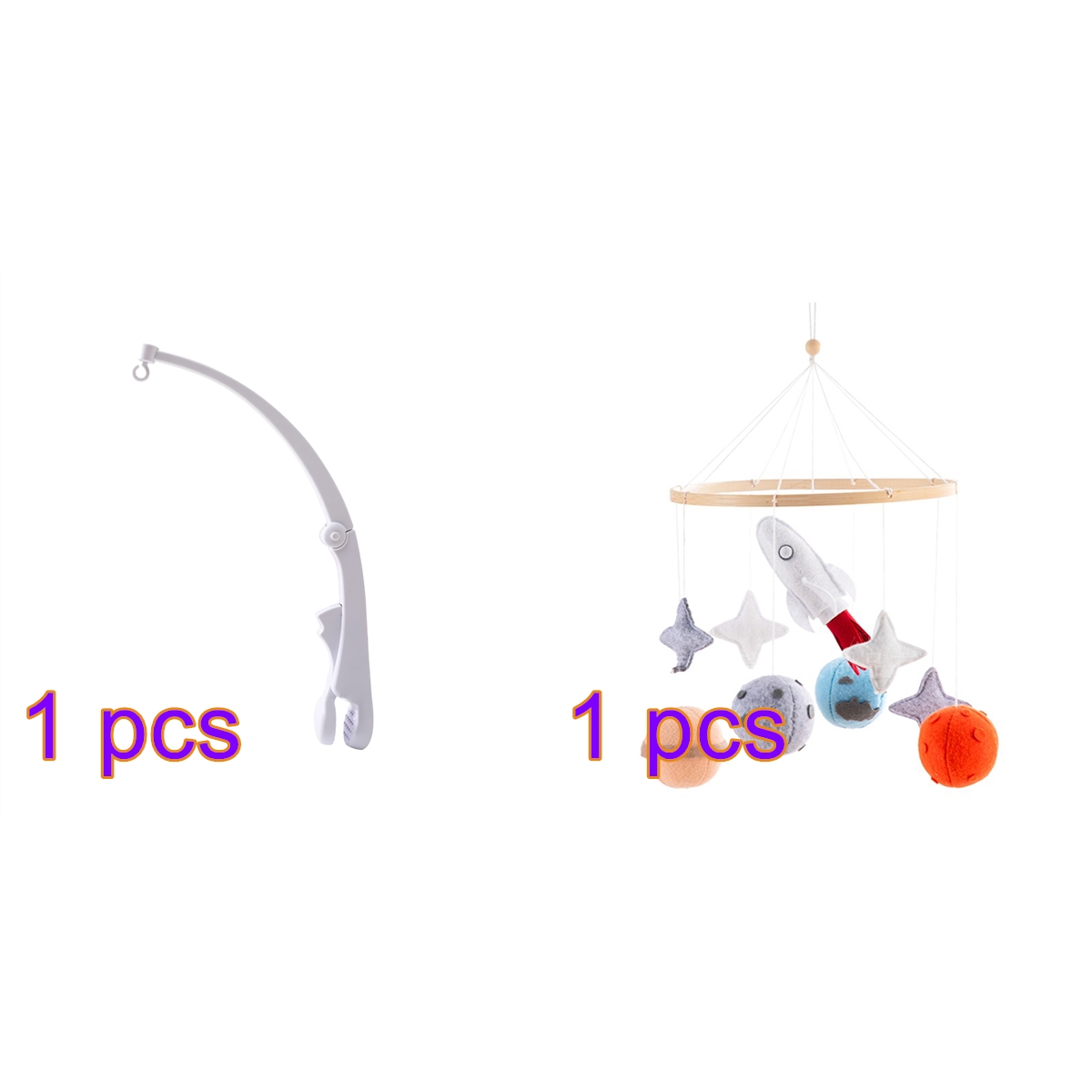 Planet Crib Bell – Rotating Wooden Baby Bed Bell with Stars, Rocket & Planet Pendants, Hanging Wind Chime for Newborn Nursery Decoration