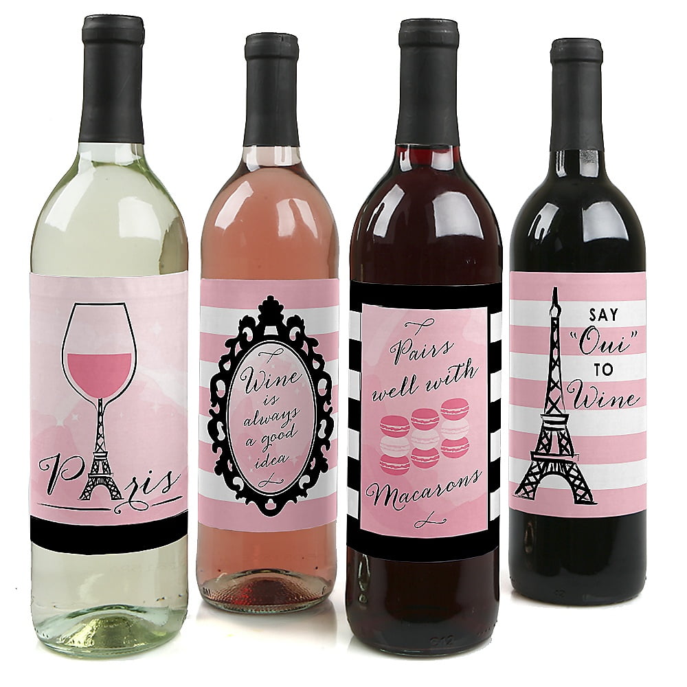 Paris, Ooh La La - Paris Themed Baby Shower or Birthday Party Decorations for Women and Men - Wine Bottle Label Stickers - Set of 4