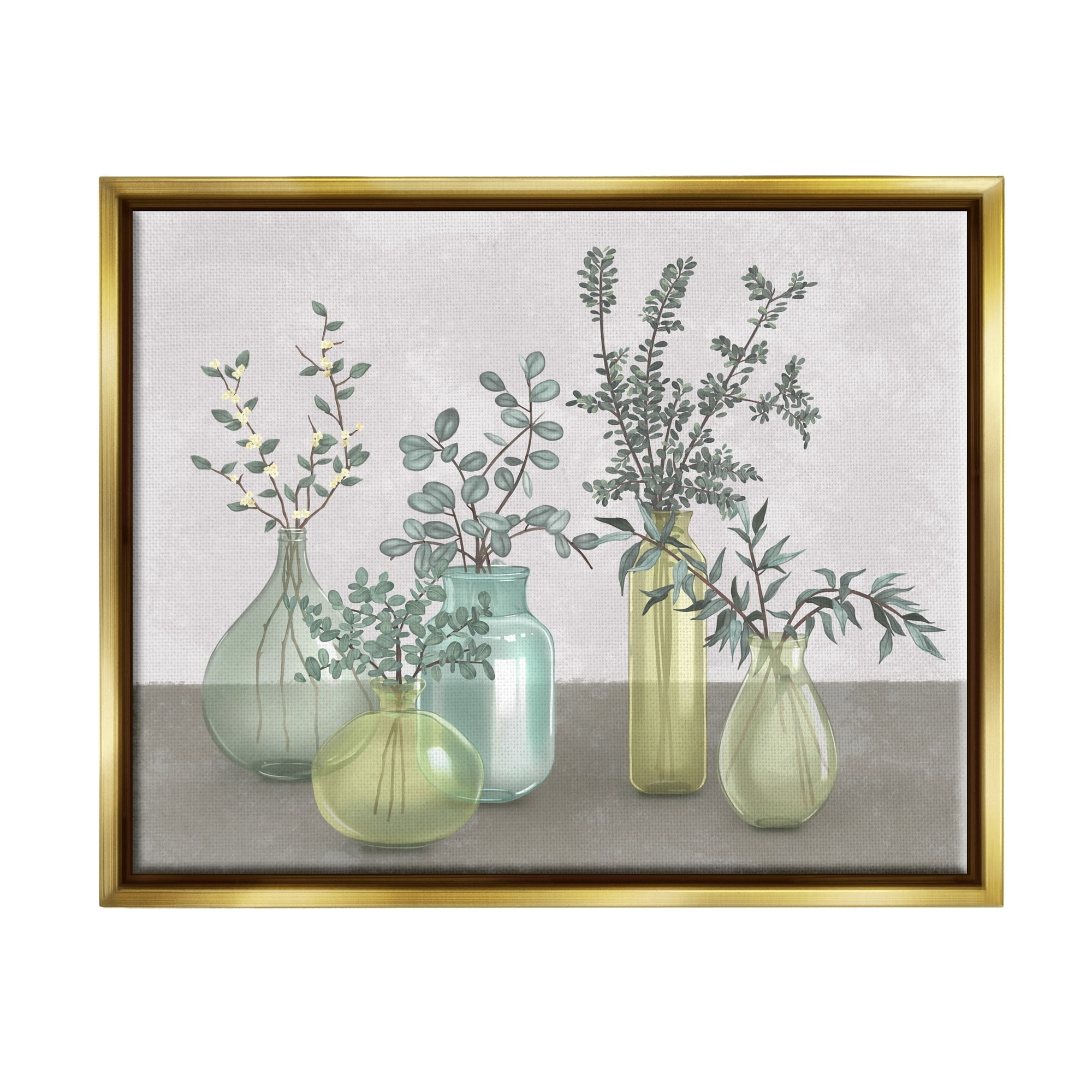 Stupell Industries Plants In Vases Neutral Grey Design Metallic Gold Framed Floating Canvas Wall Art, 16x20, by Ziwei Li