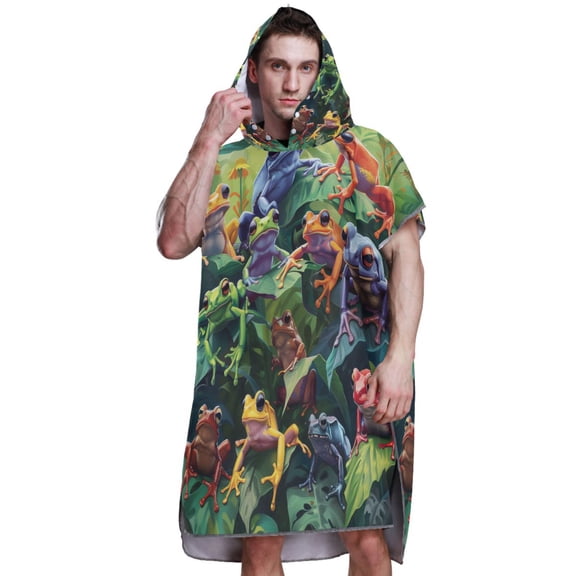 Hooded Beach Towel Adult Bath Poncho Towels Soft Absorbent Quick Dry for Surf Swim Pool Men Women Teens Colorful Frogs on Leaves