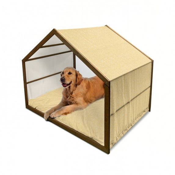 Abstract Pet House, Hand-drawn Style Wavelike Lines in Horizontal Alignment Minimalist Art, Outdoor & Indoor Portable Dog Kennel with Pillow and Cover, 5 Sizes, Mustard and White, by Ambesonne