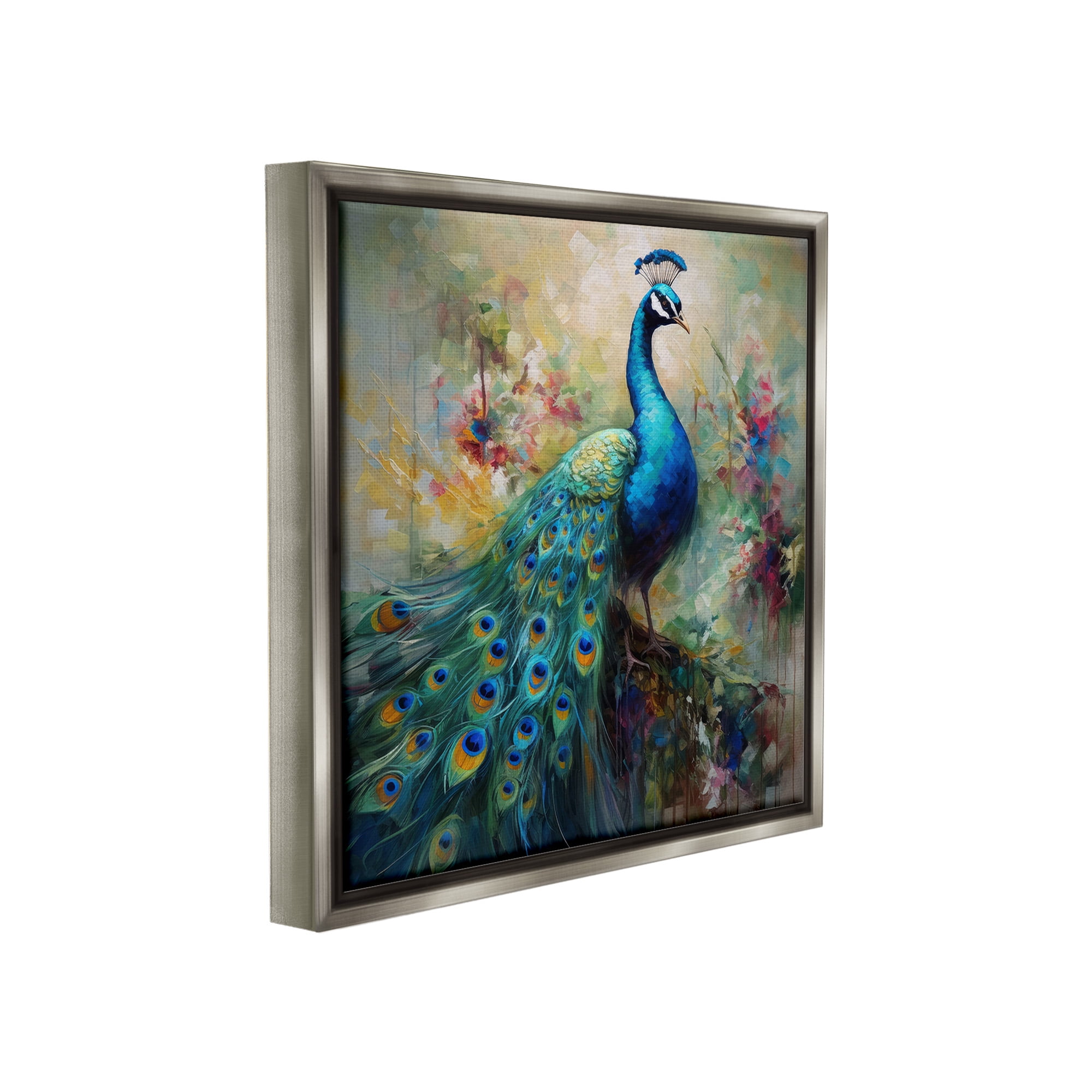 Stupell Industries Floral Peacock Pattern Animals & Insects Painting Gray Floater Framed Canvas Art Print Wall Art, 18 x 18