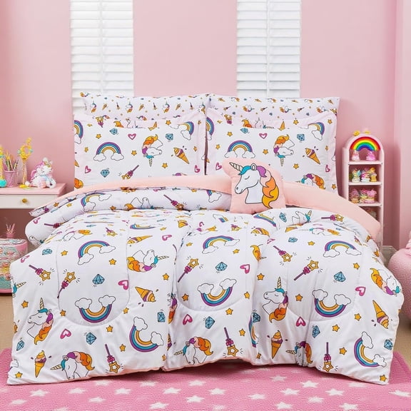 Viviland Bed in a Bag for Kids Girls Teens, 6 Pieces Twin Size Comforter Bed Set with Shams, Sheet Set and Decorative Toy Pillow, Unicorn Rainbow Super Soft Microfiber Kids Bedding Set