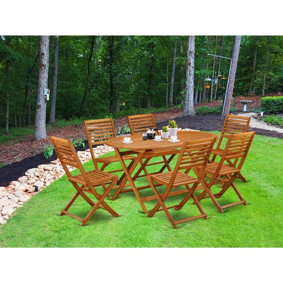 Acacia Courtyard Dining Set - 7 Pc Outdoor Table & Foldable Chairs - Patio Furniture Set