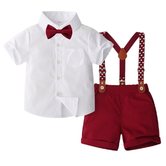 Taqqpue Baby Boy Formal Set Toddler 2-Pack Summer Gentleman Outfit Kid Short Sleeve Bowtie Shirt Suspender Shorts Suit (12M-6T)
