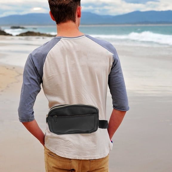 OUNONA Black PU Waist Pack with Adjustable Strap for Sports and Travel Lightweight Portable Bag