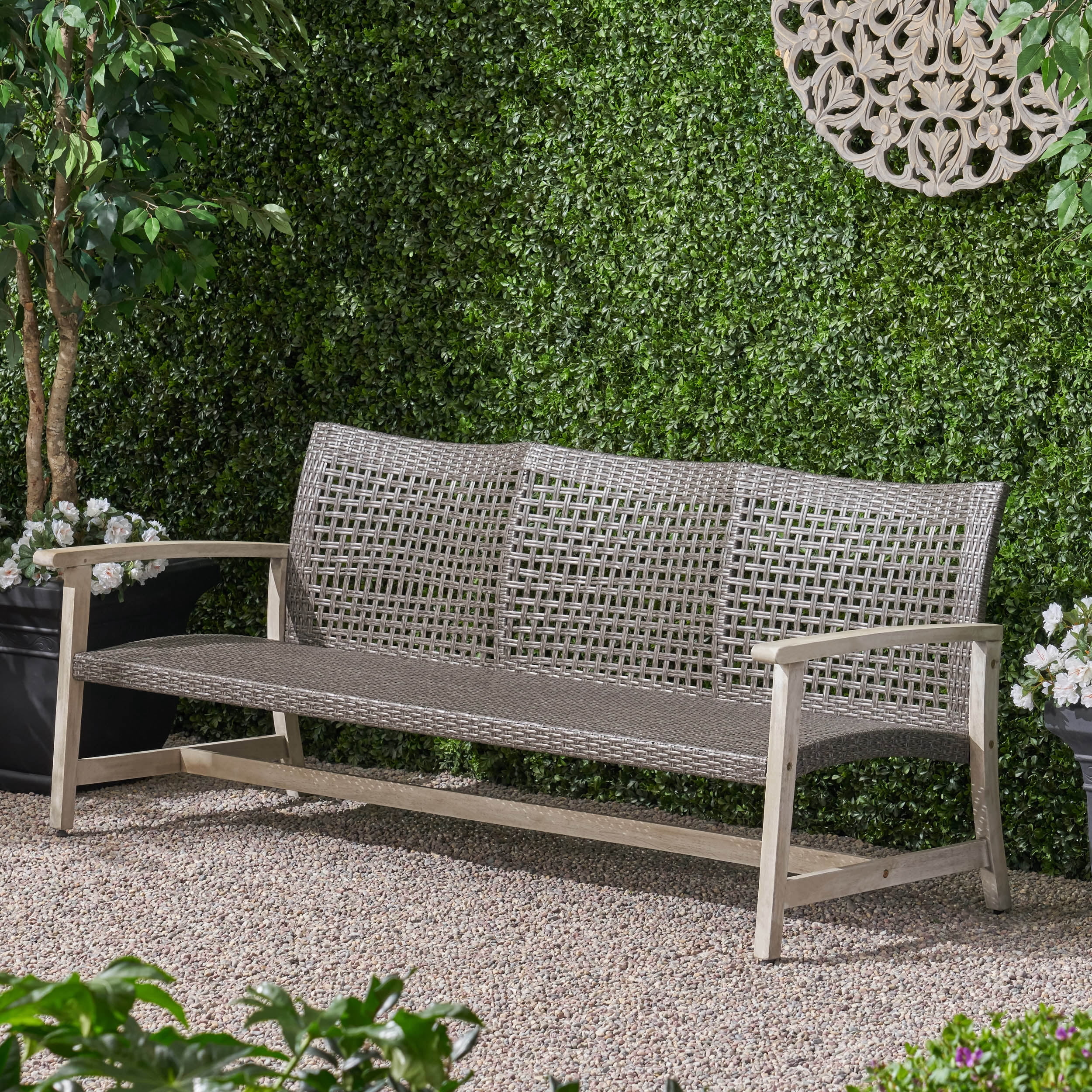 Euroco Outdoor 3-Seater Sofa with Wicker Seat, Acacia Wood Frame, and Iron Base – Weather-Resistant Patio Couch